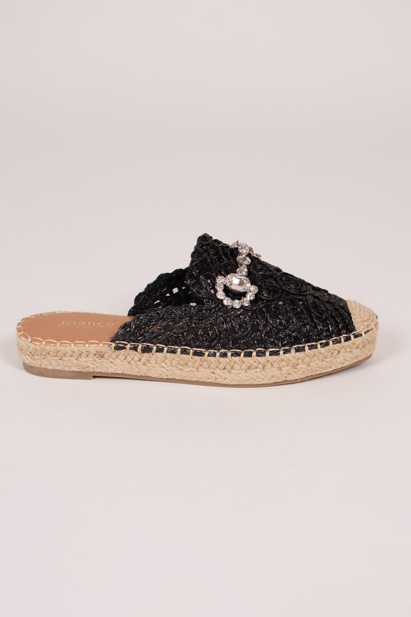 Espadrillos m. öppen häl och strasspänne, Svart