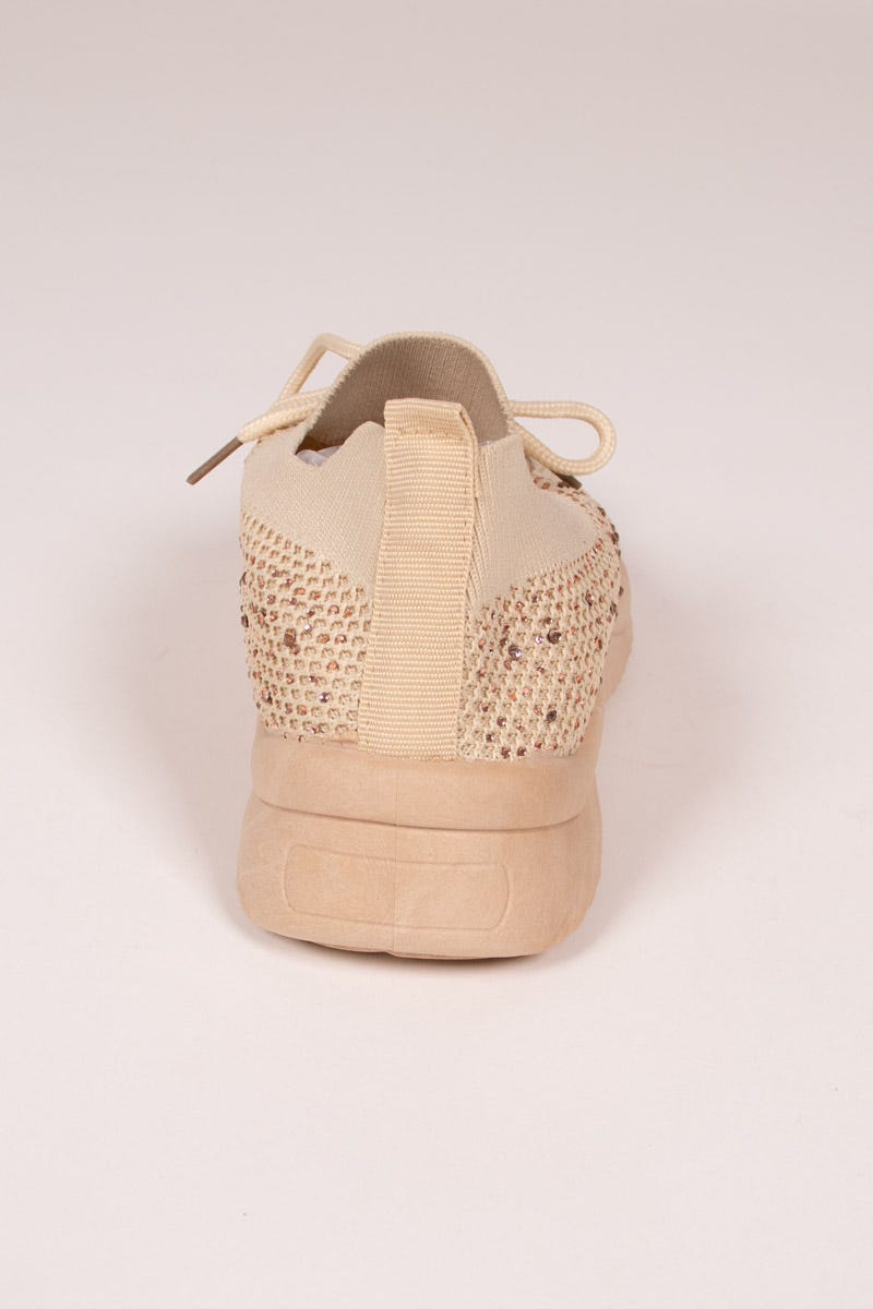 Slip-on sneakers m. snörning och glittersten, Beige