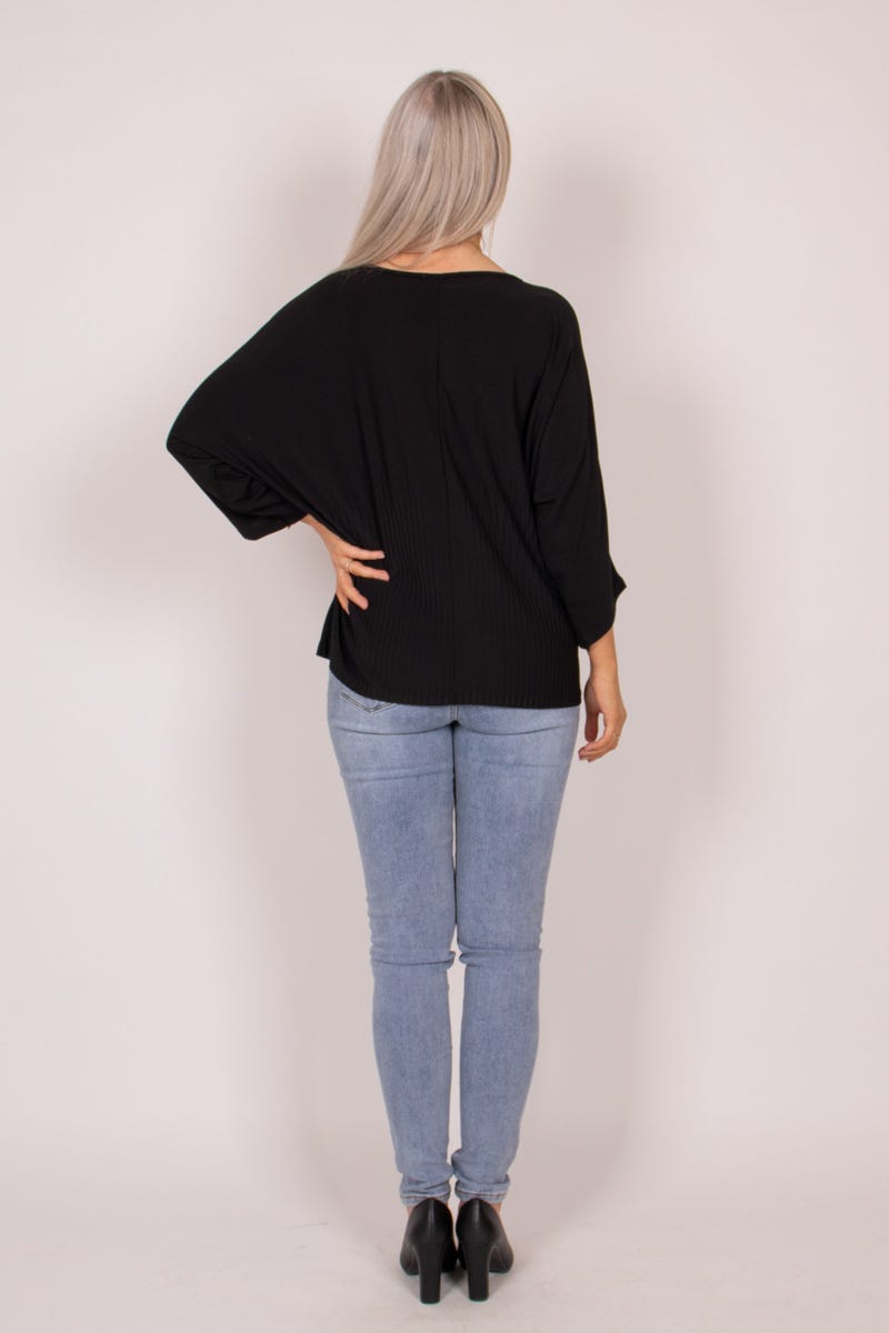 Blus m. batwing och plissé, Svart