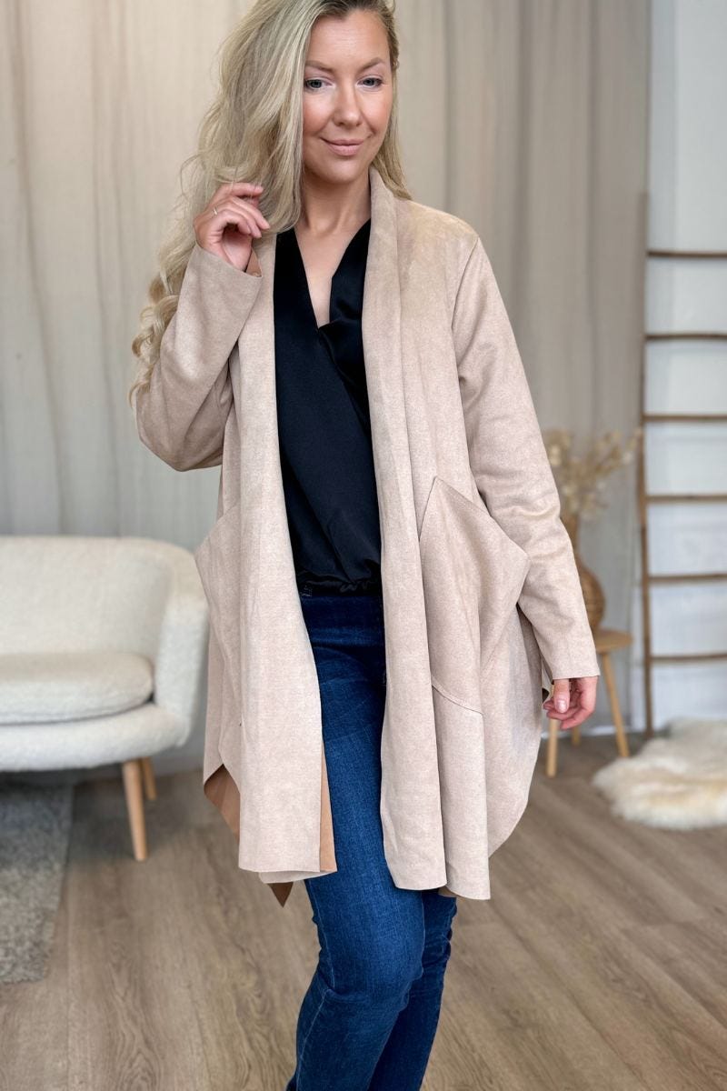 Cardigan i imiterad mocka, Beige