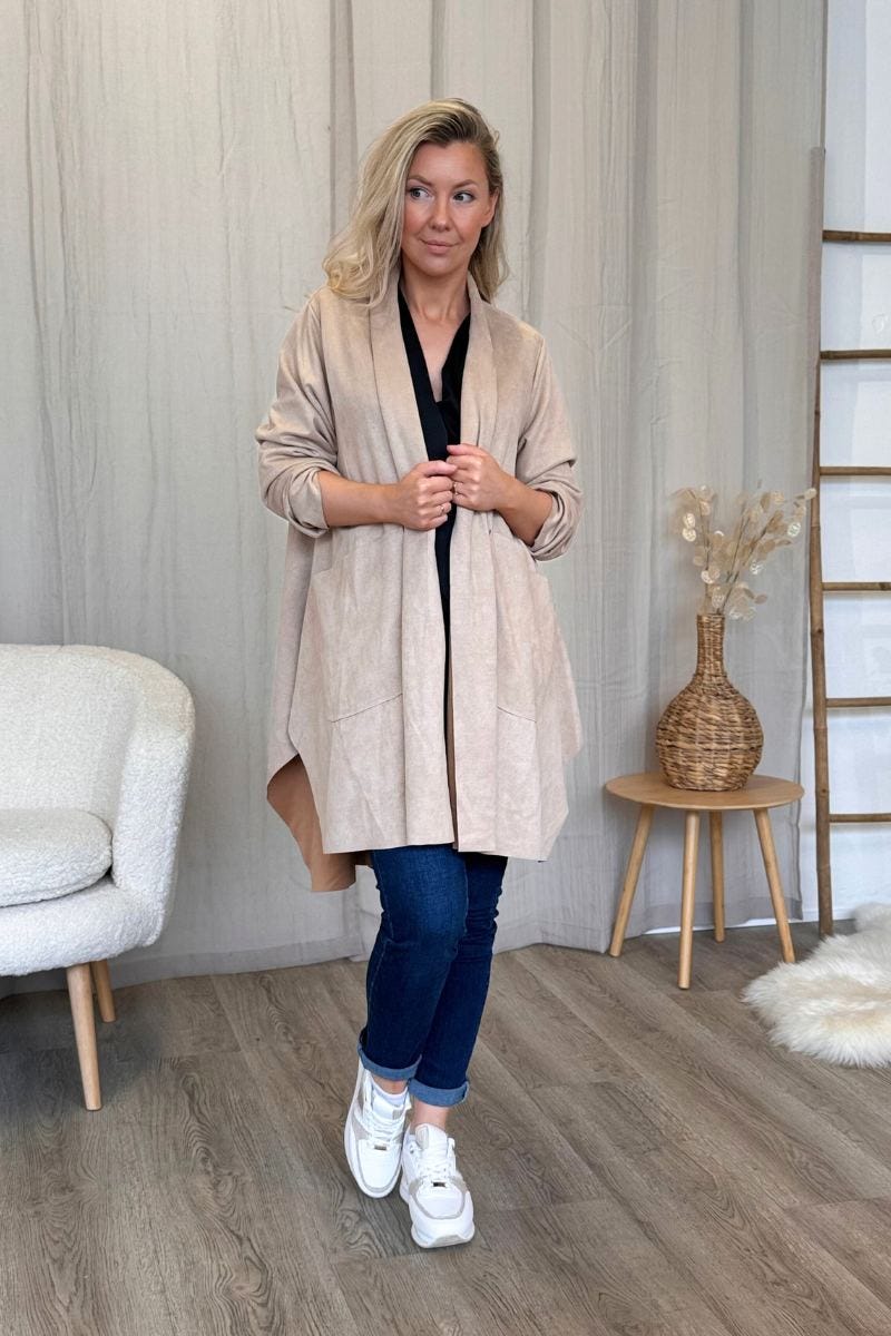 Cardigan i imiterad mocka, Beige