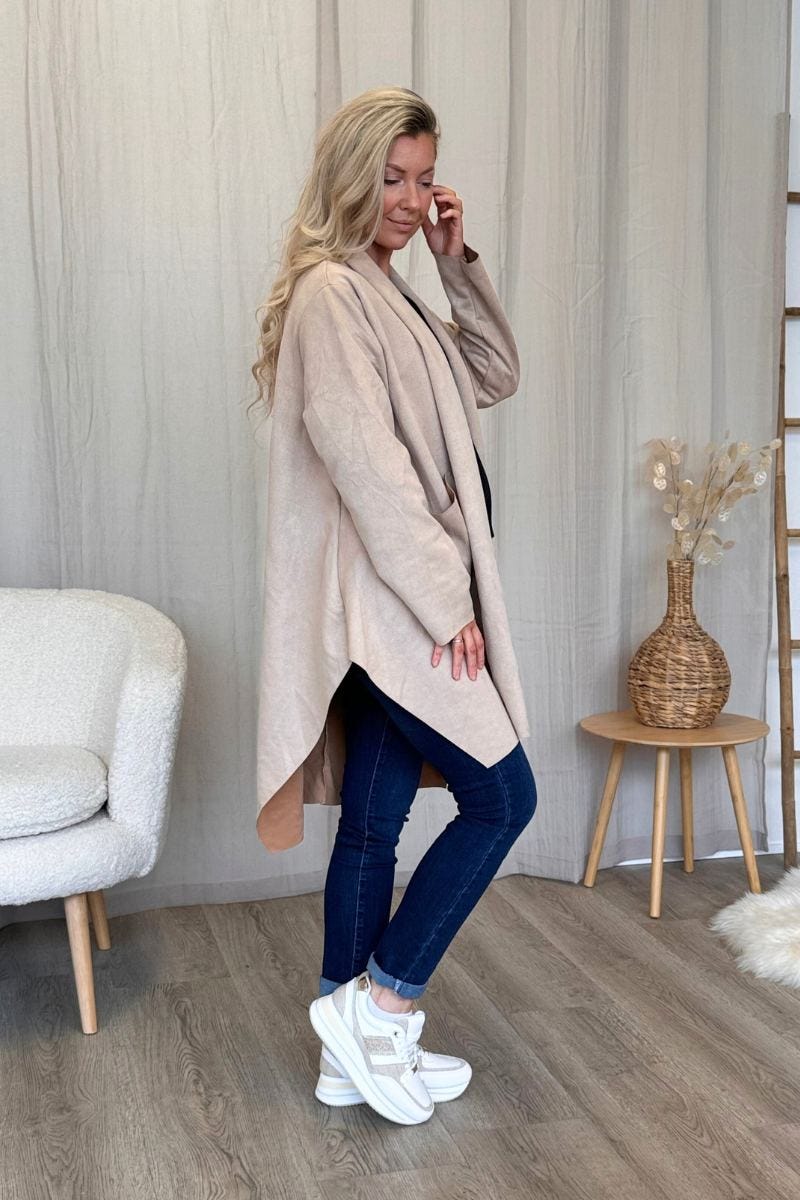 Cardigan i imiterad mocka, Beige