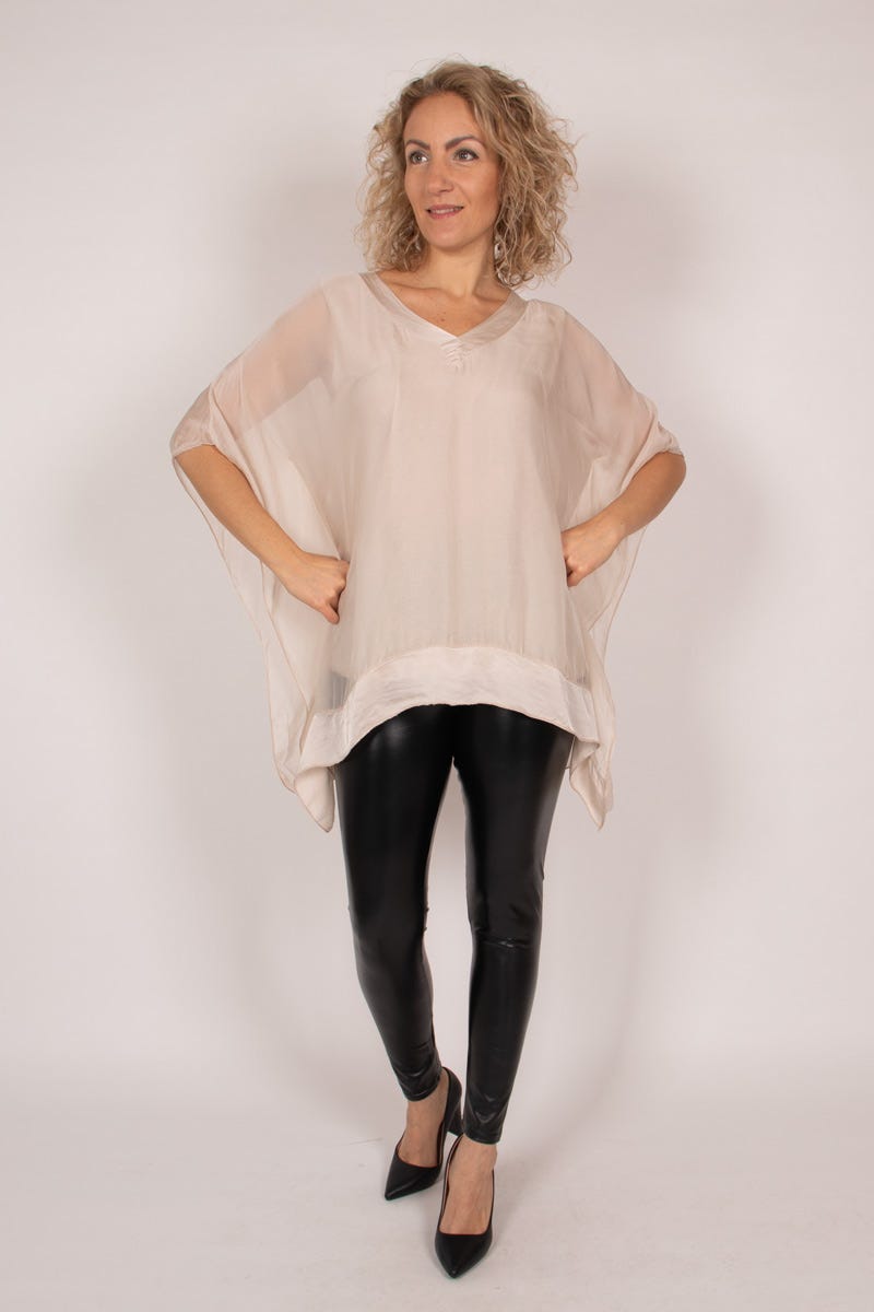 Tunika m. batwing og v-hals Beige