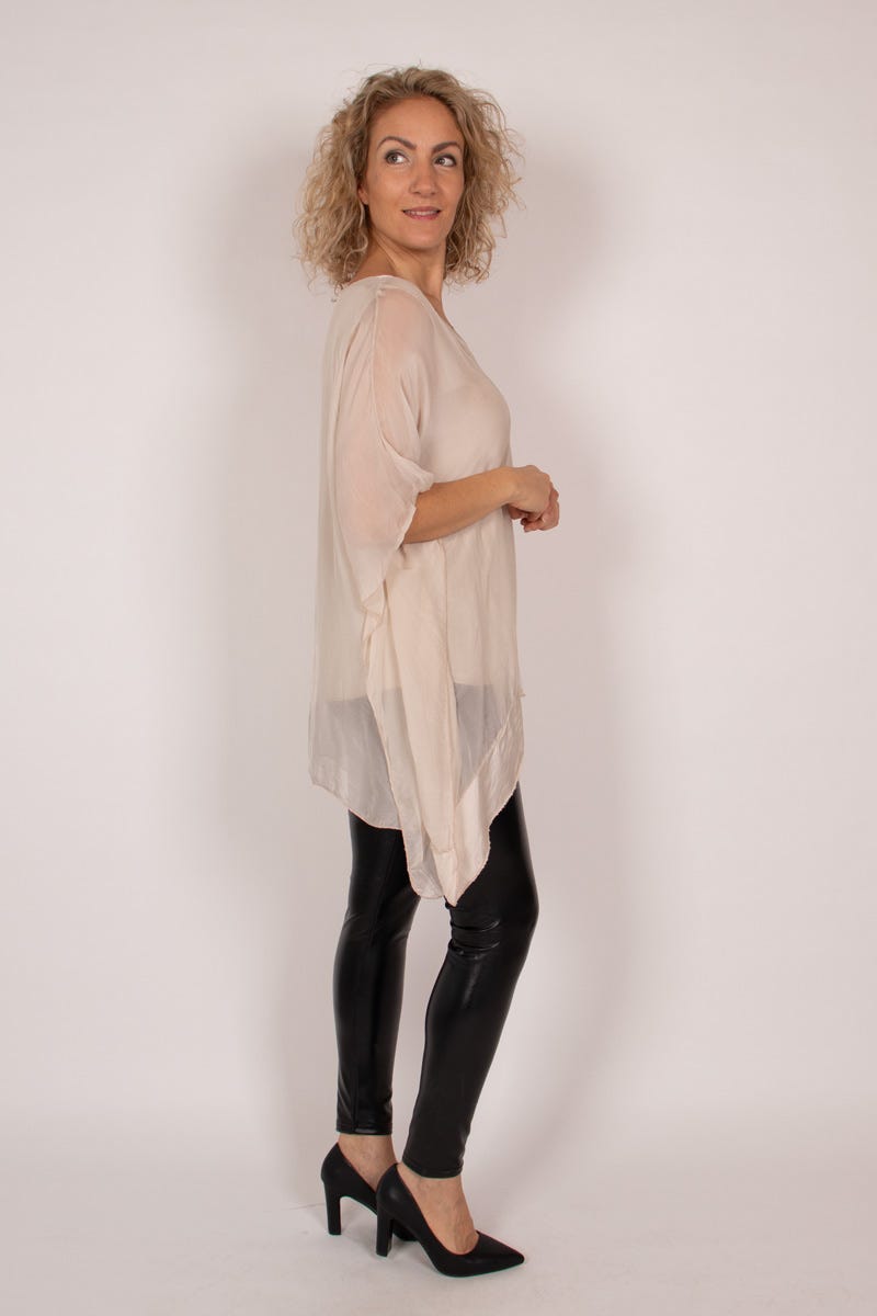 Tunika m. batwing og v-hals Beige