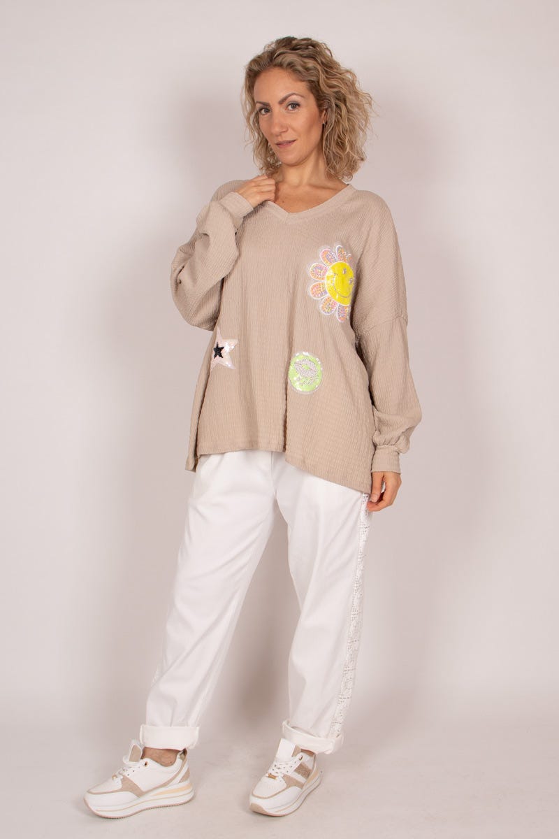 Blus m. paljetter, Taupe