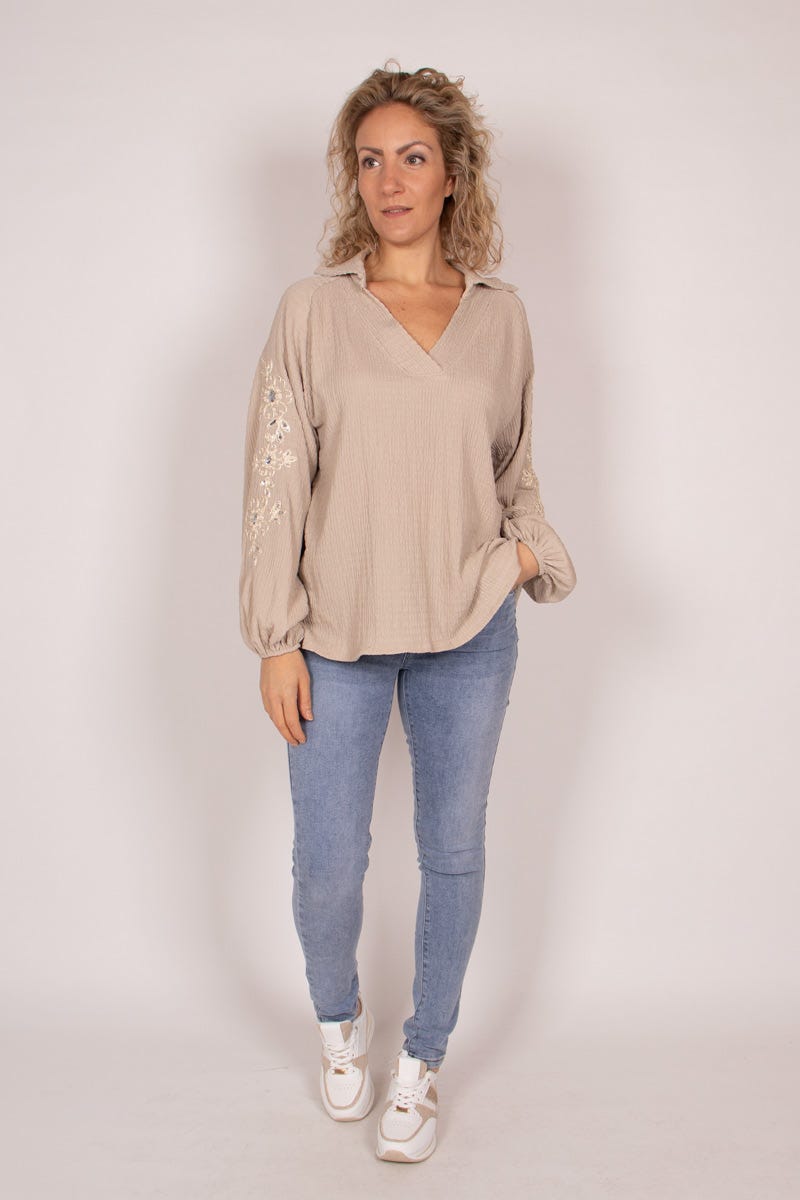 Bluse m. broderi og pailletter Taupe