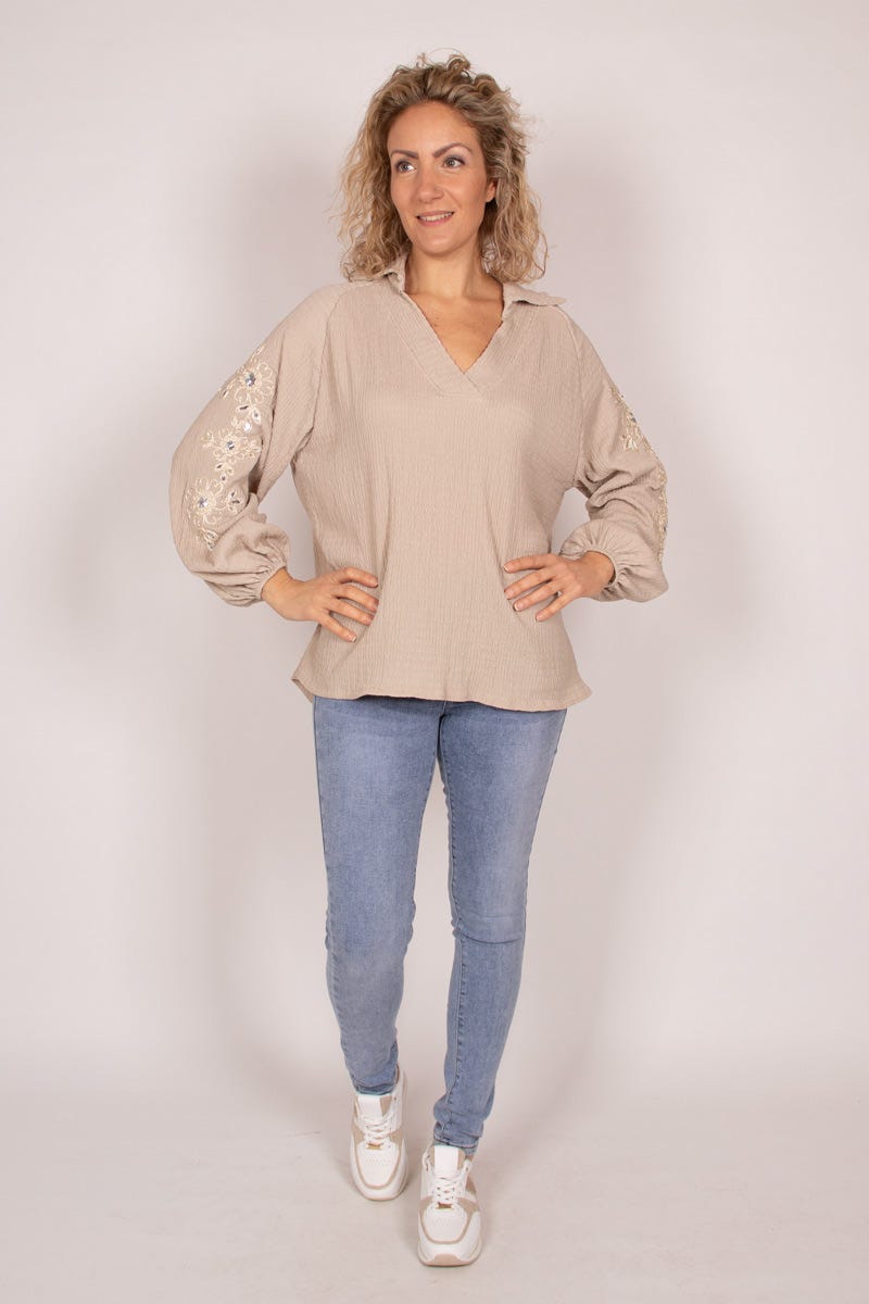 Blus m. broderi och paljetter, Taupe