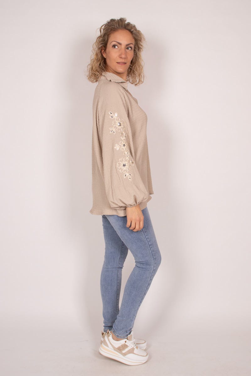 Blus m. broderi och paljetter, Taupe