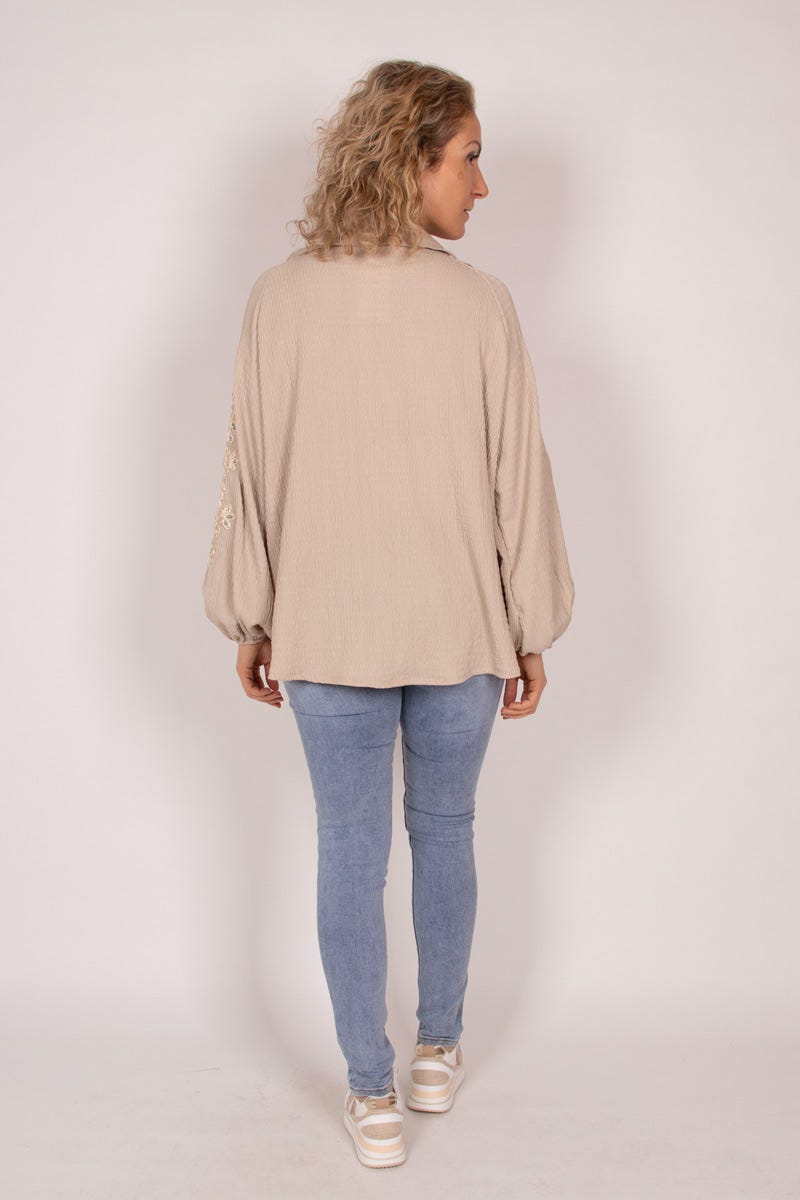 Blus m. broderi och paljetter, Taupe