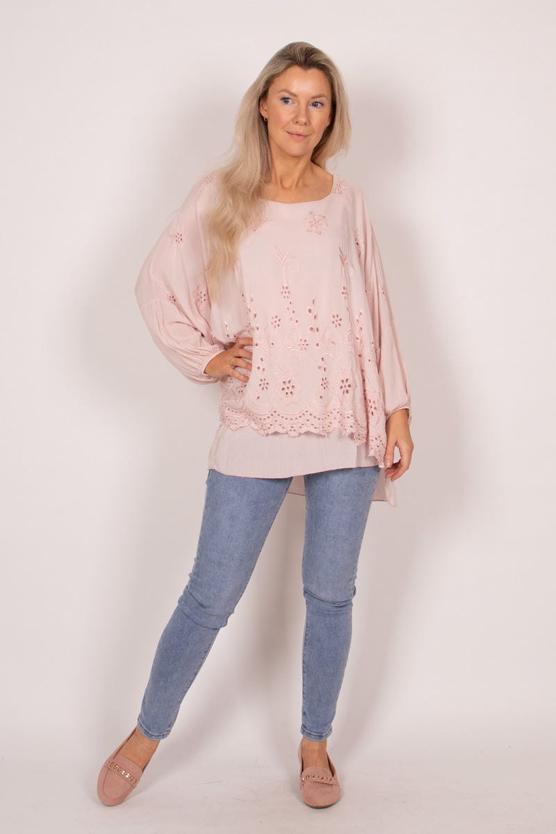 Bluse m. broderi anglaise Rosa