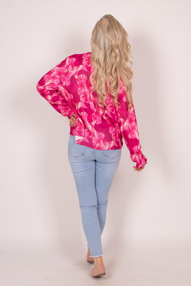 Crossover blus m. blomsterprint, Rosa