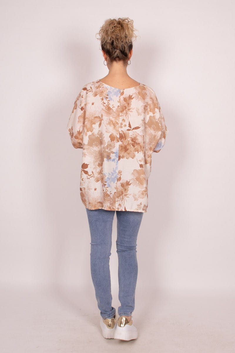 Blus m. v-ringning och blommor, Beige