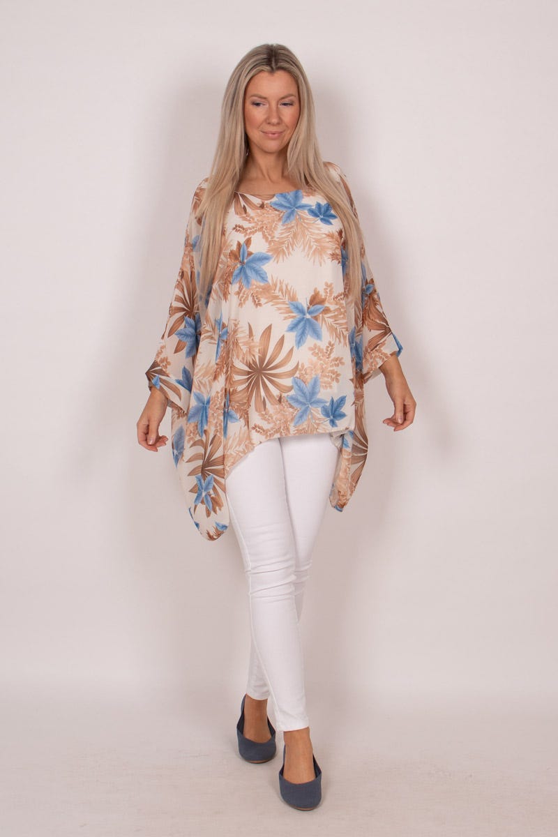 Tunika m. batwing og blomsterprint Beige