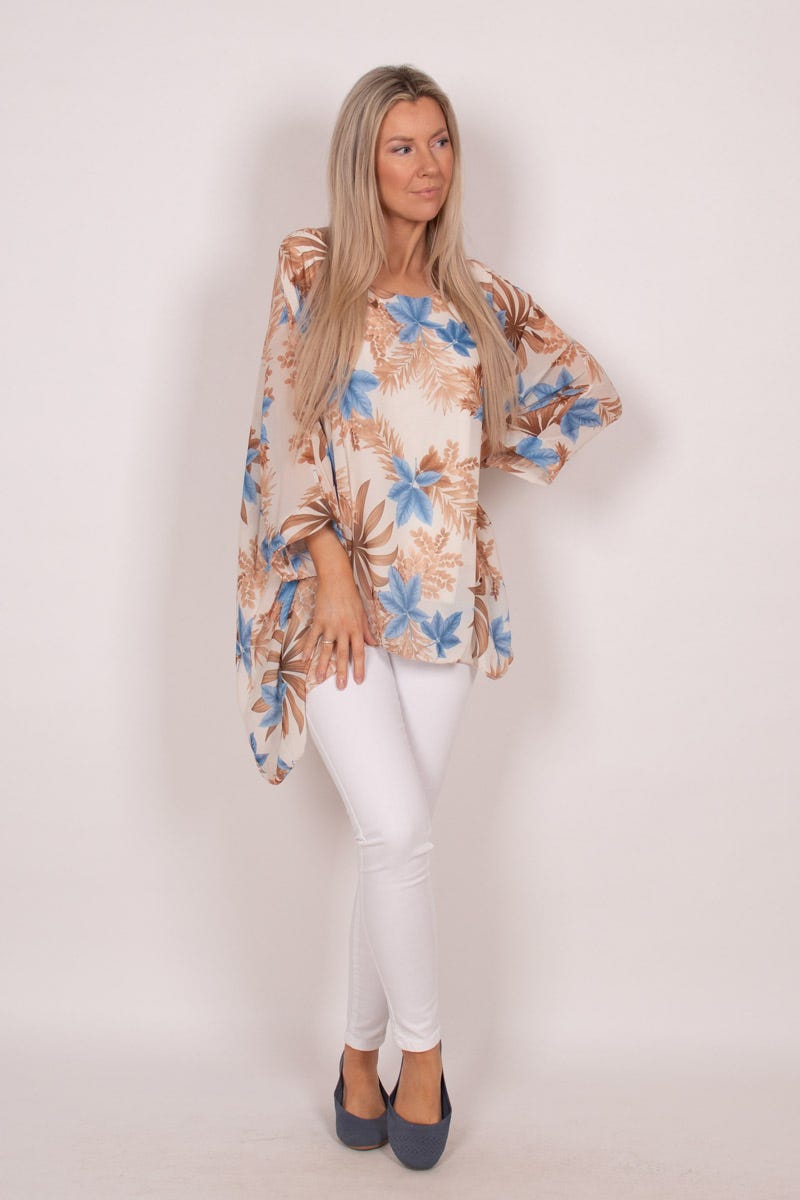 Tunika m. batwing och blommor, Beige