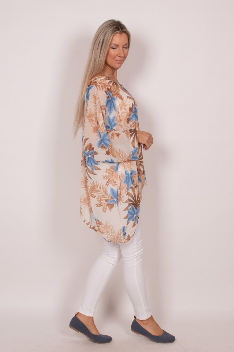 Tunika m. batwing og blomsterprint Beige