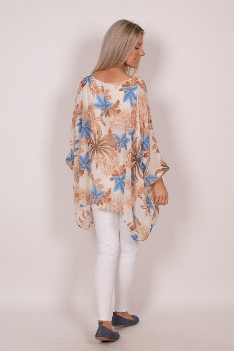 Tunika m. batwing och blommor, Beige