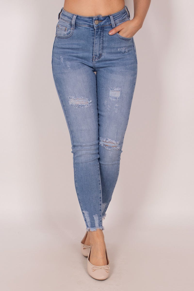 High waist jeans m. slitna detaljer, Ljus denim