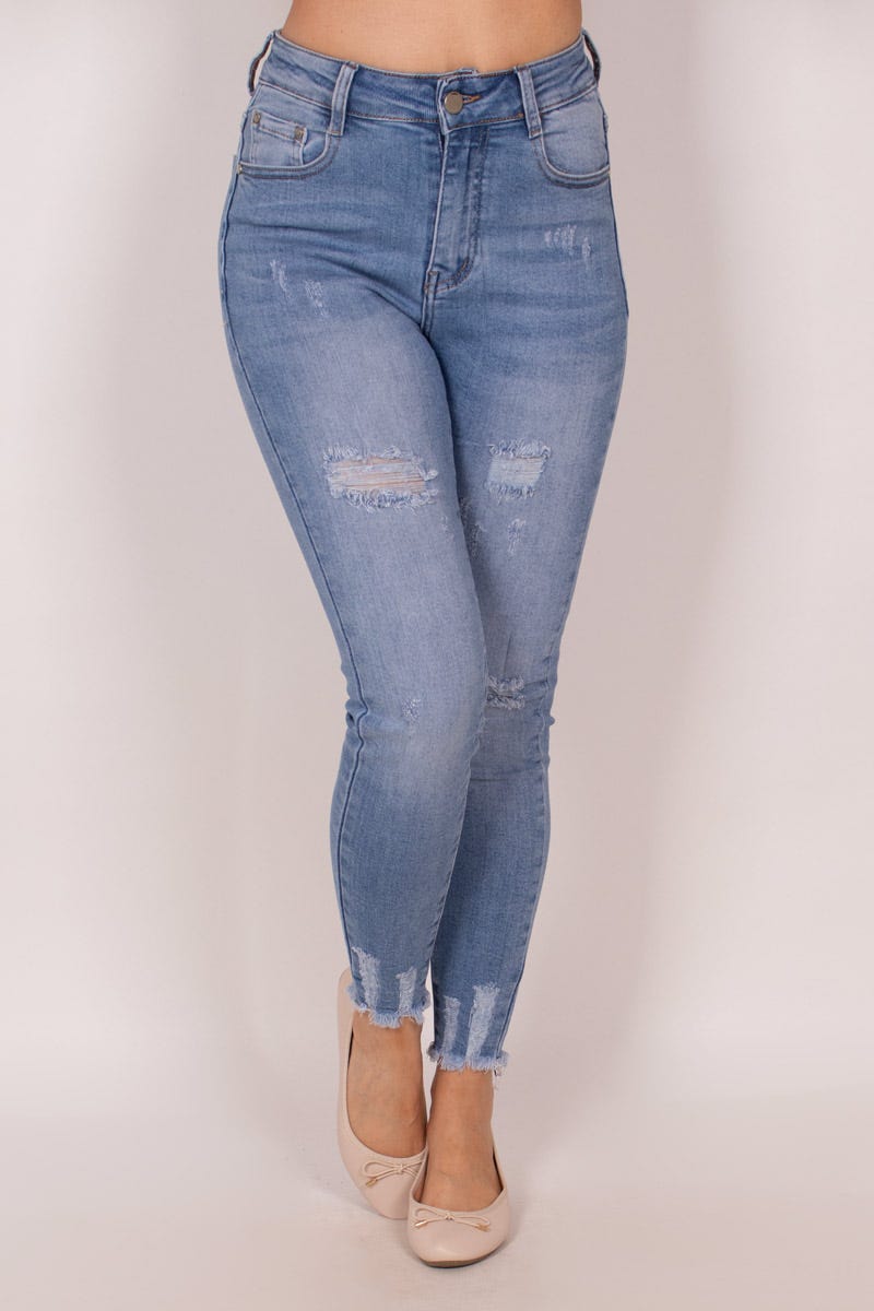 High waist jeans m. slitna detaljer, Ljus denim