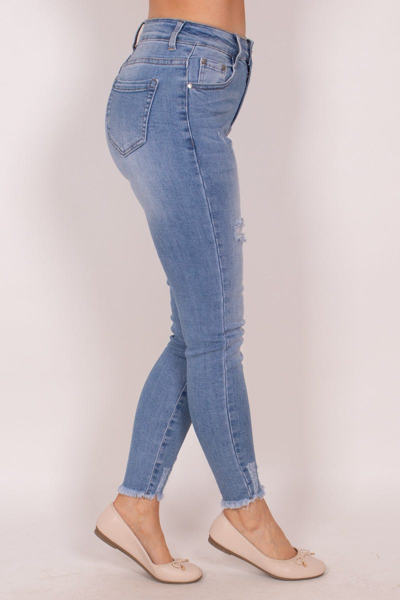 High waist jeans m. slitna detaljer, Ljus denim