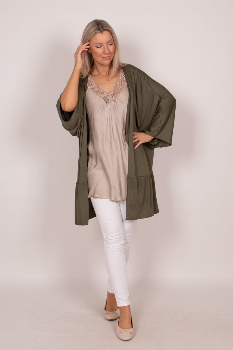 Cardigan m. volangdetalj, Khaki