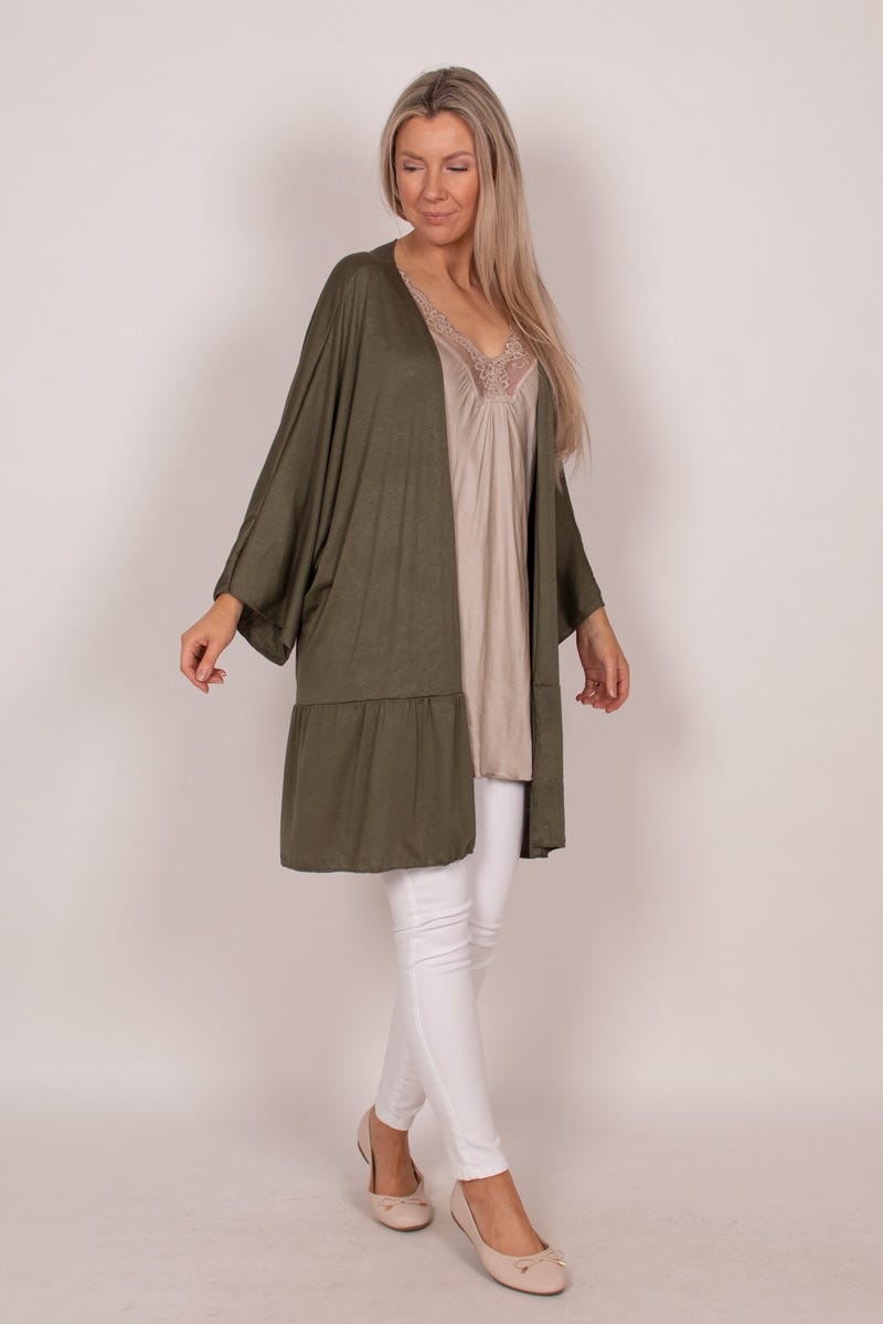 Cardigan m. volangdetalj, Khaki