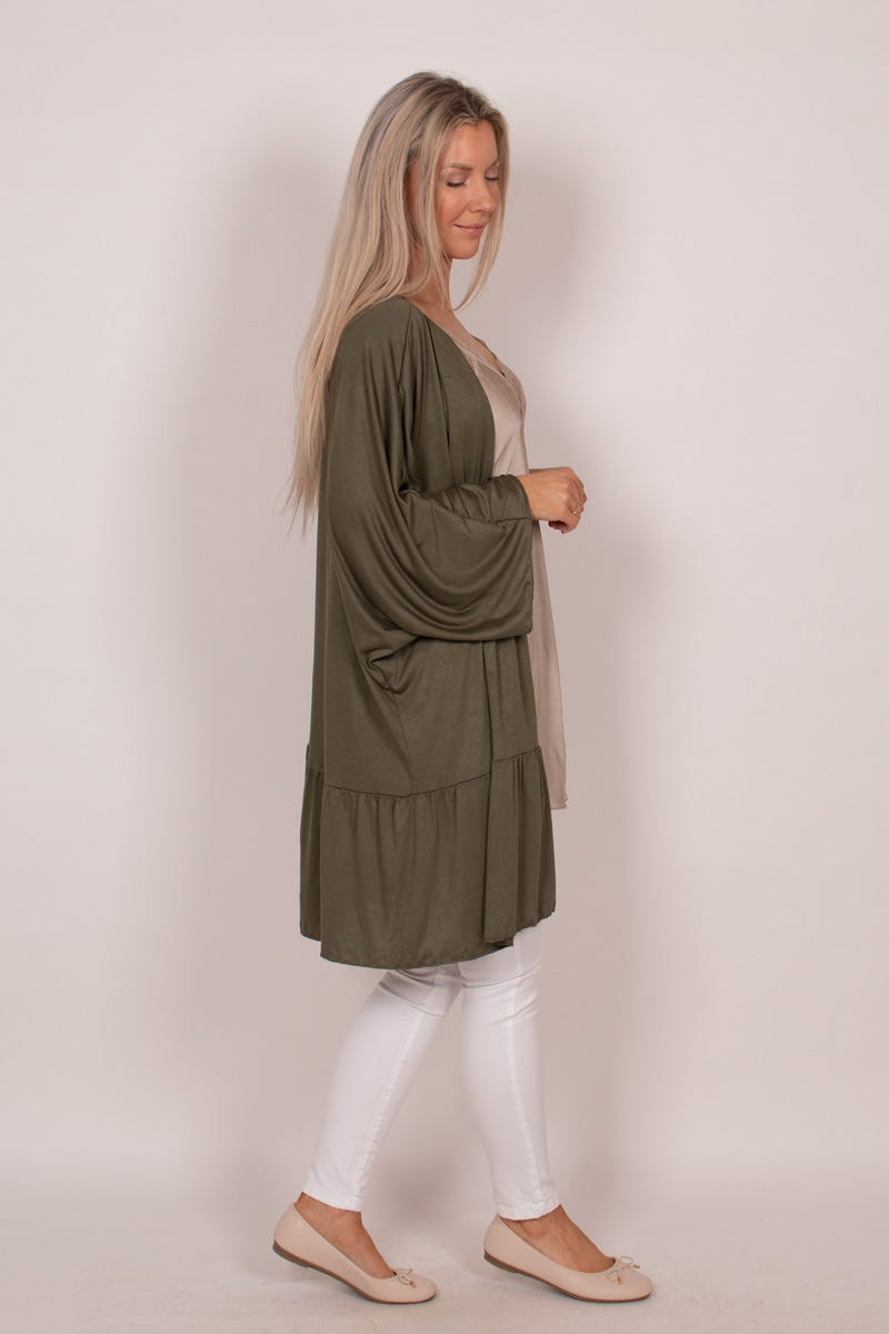 Cardigan m. volangdetalj, Khaki