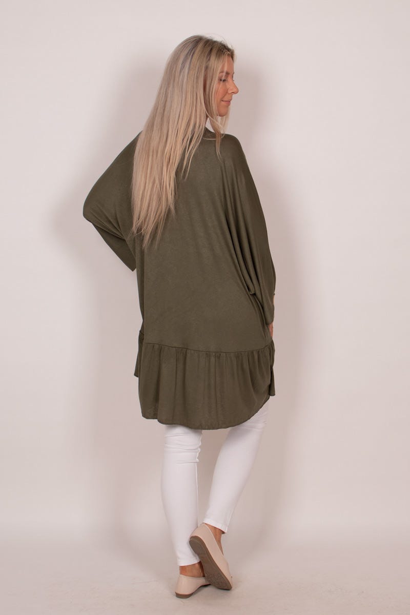 Cardigan m. volangdetalj, Khaki