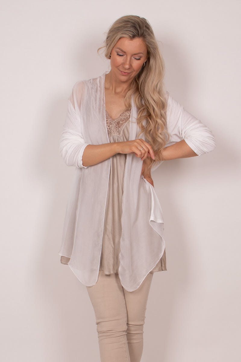 Cardigan m. chiffongdetalj, Vit