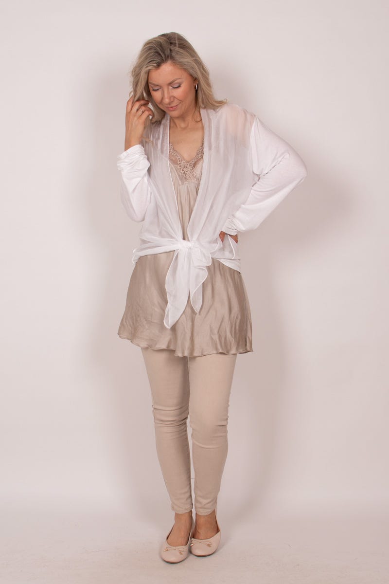 Cardigan m. chiffongdetalj, Vit