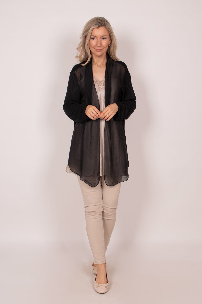 Cardigan m. chiffongdetalj, Svart