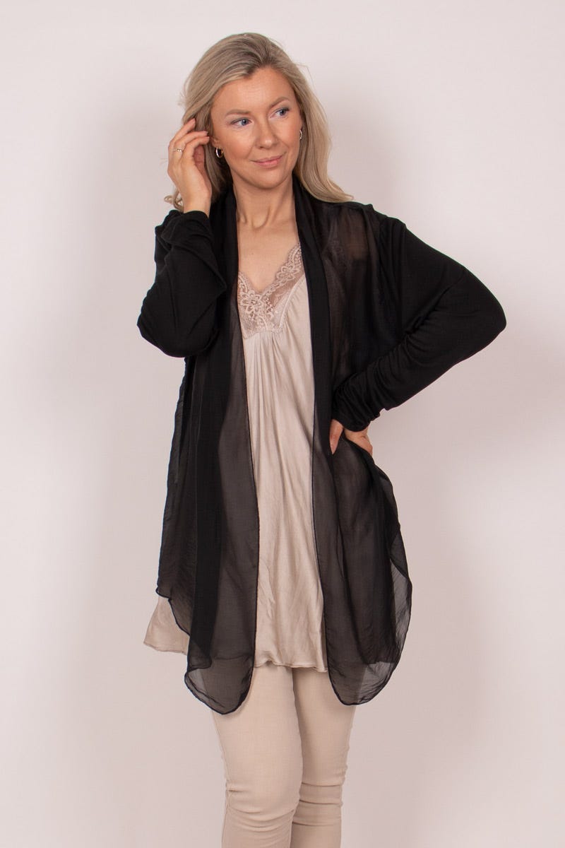 Cardigan m. chiffongdetalj, Svart