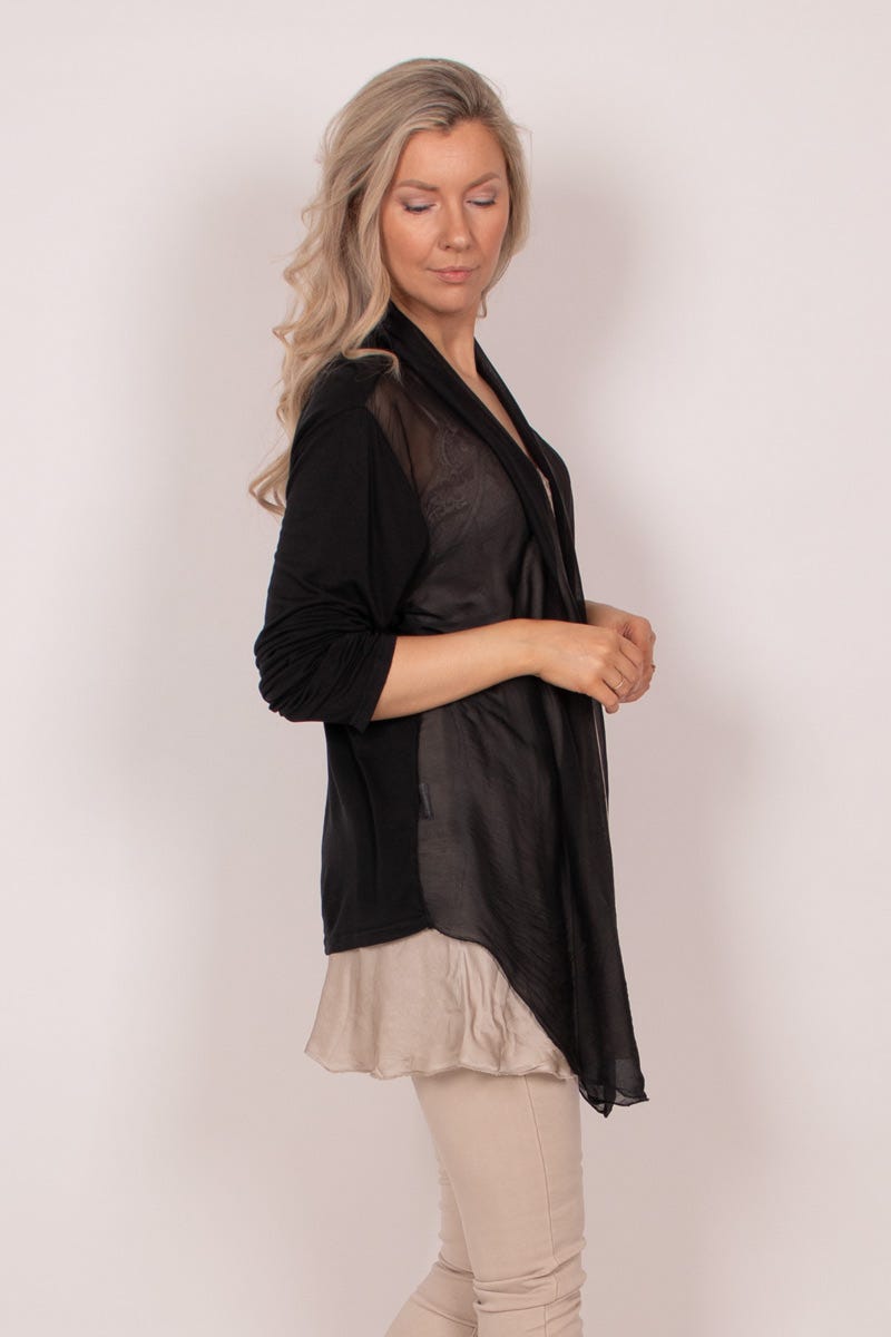 Cardigan m. chiffongdetalj, Svart