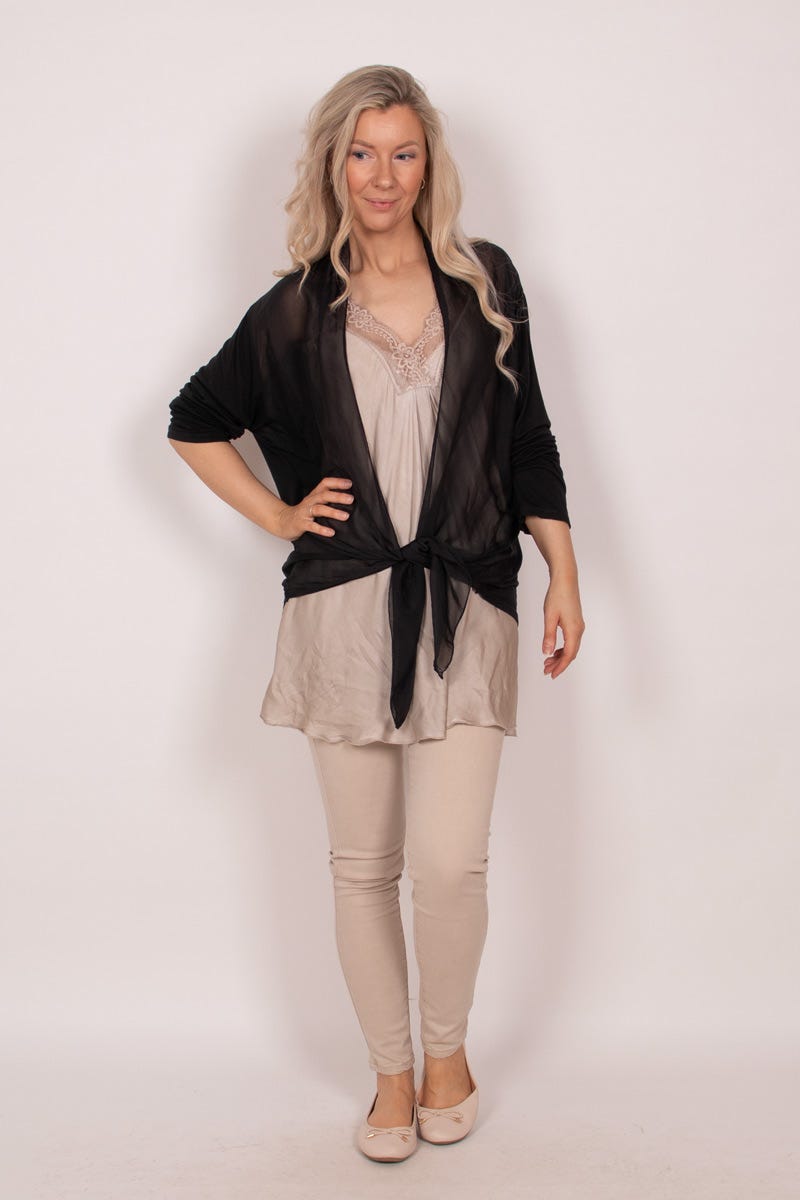 Cardigan m. chiffongdetalj, Svart