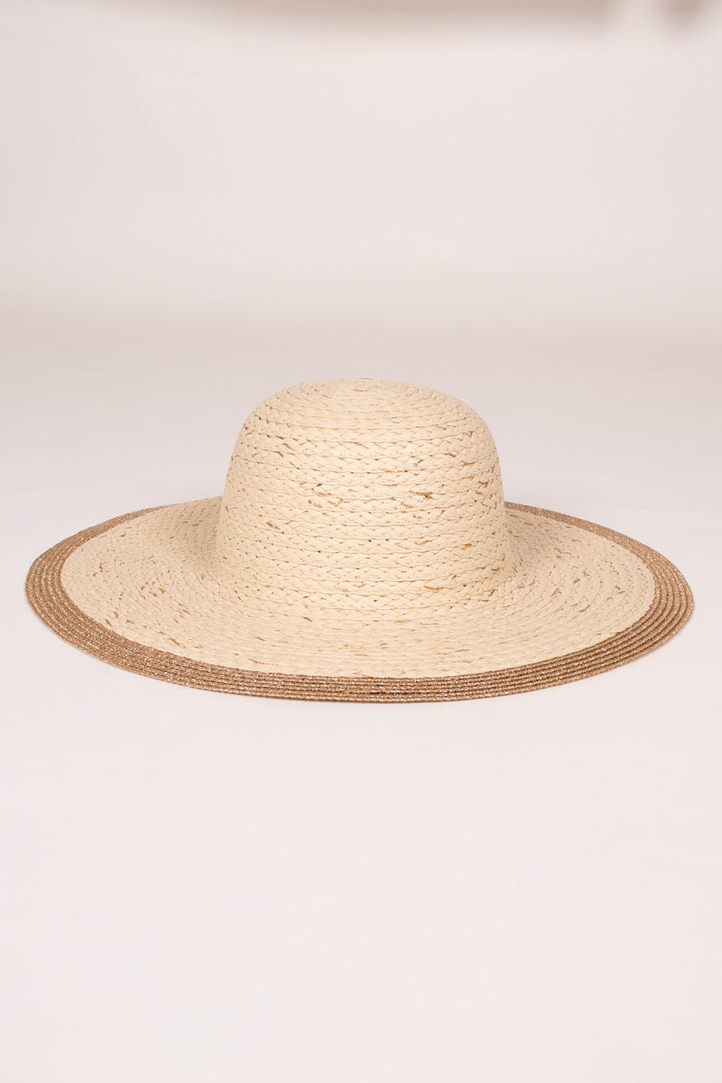 Hatt m. bred skärm och gulddetalj, Beige