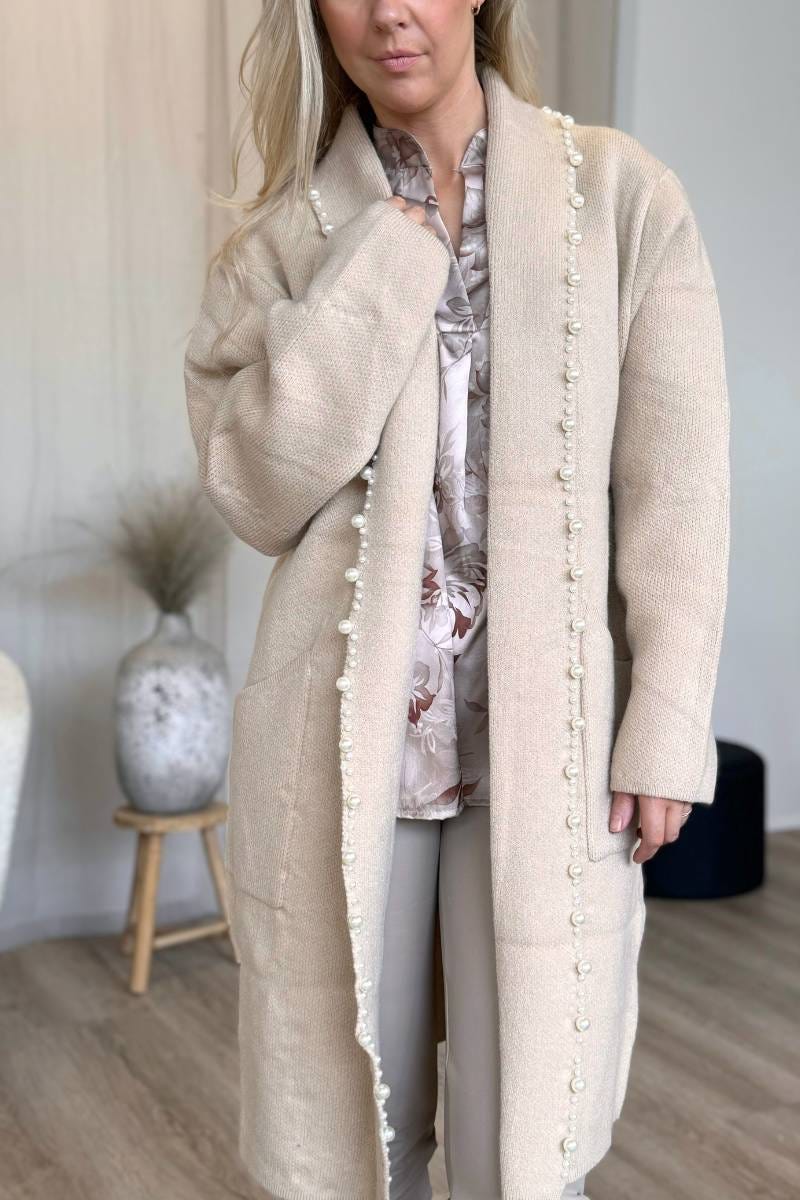 Stickad cardigan m. pärlor, Beige