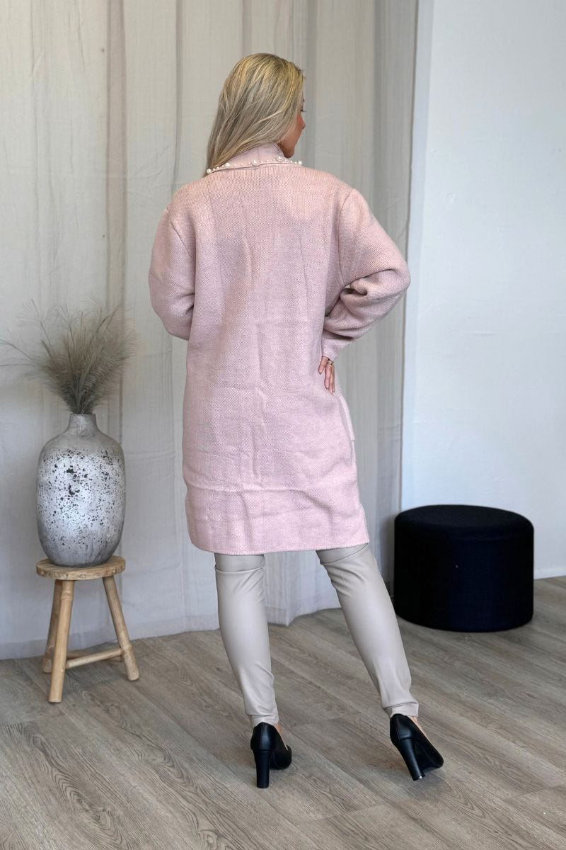 Stickad cardigan m. pärlor, Rosa