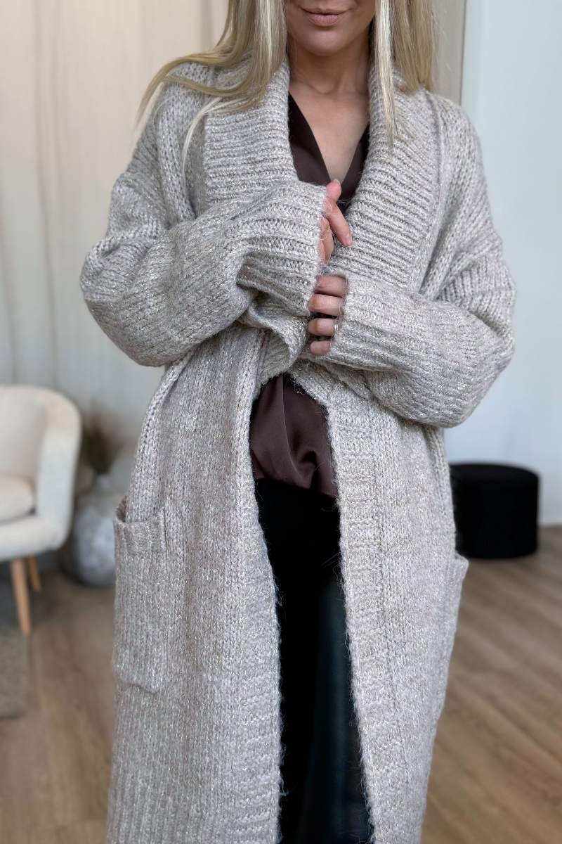 Stickad cardigan m. glitter, Taupe