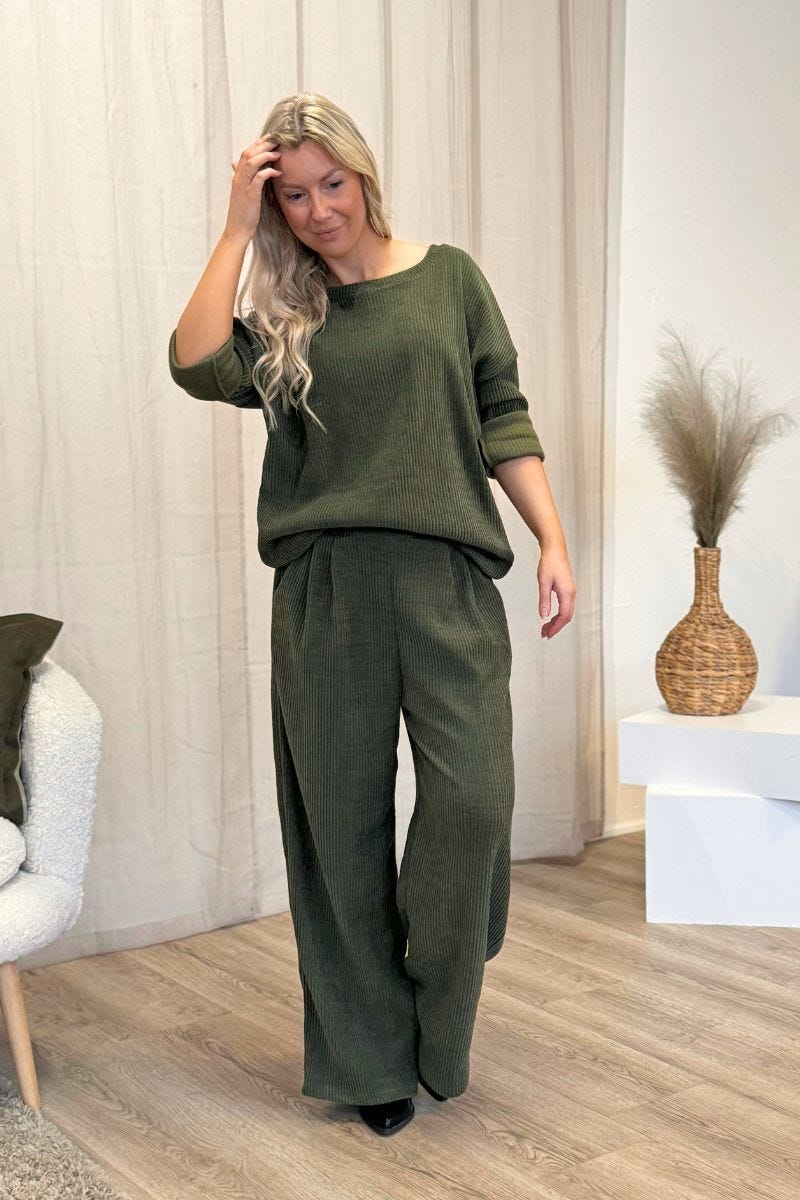 Bluse m. fløjlslook Khaki