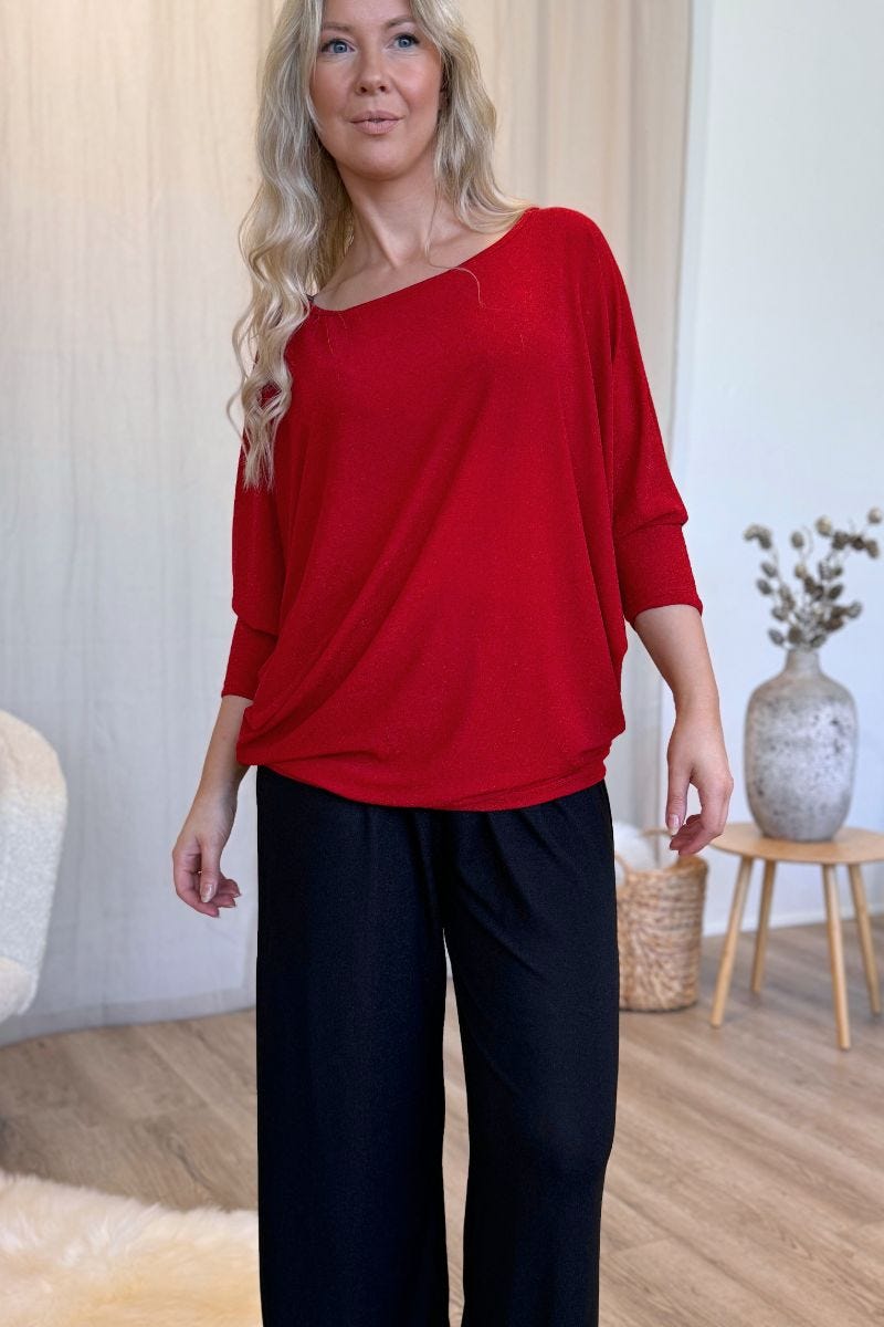 Batwing-blus med glitter, Röd