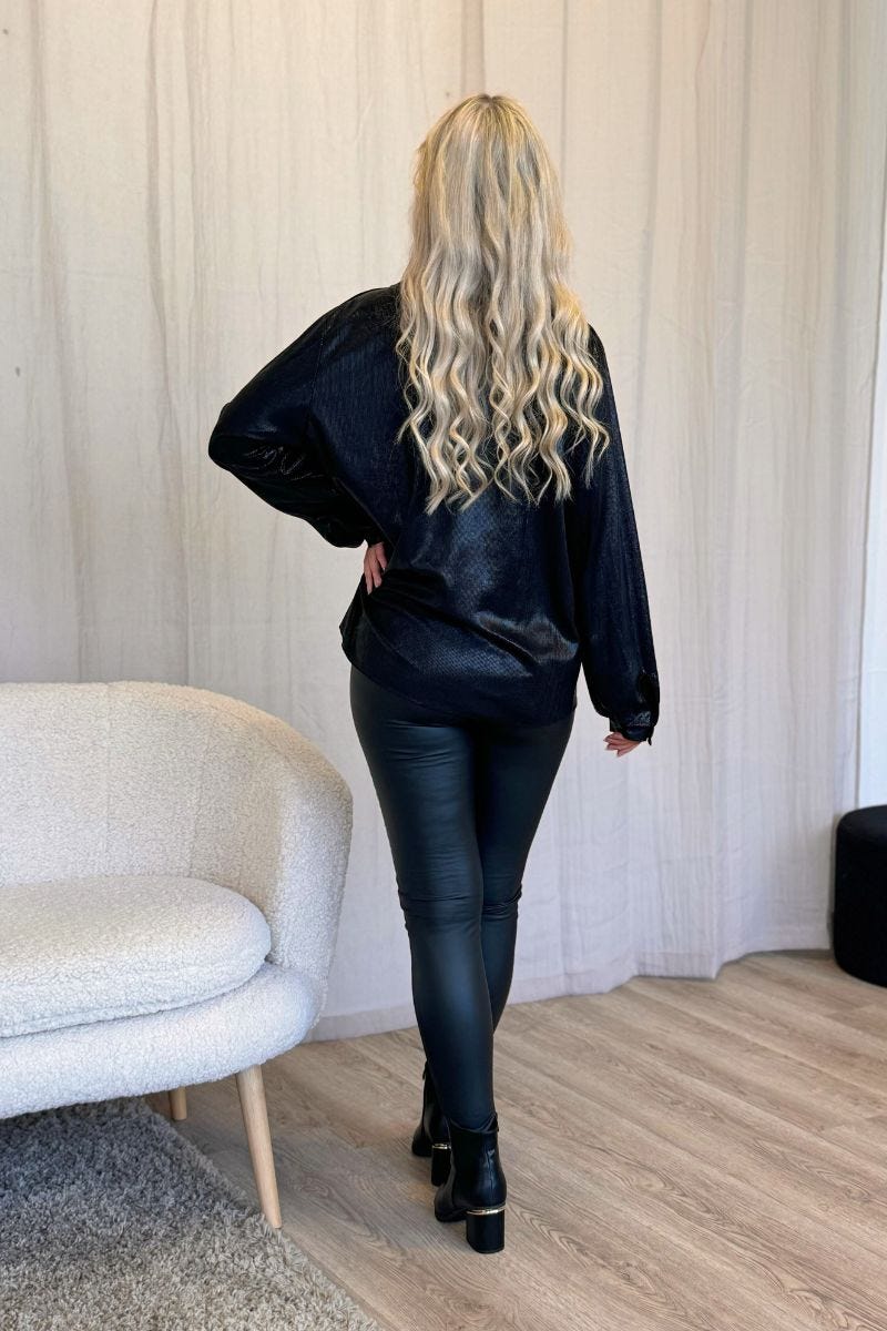 Blus m. crossover och metallic-look, Svart