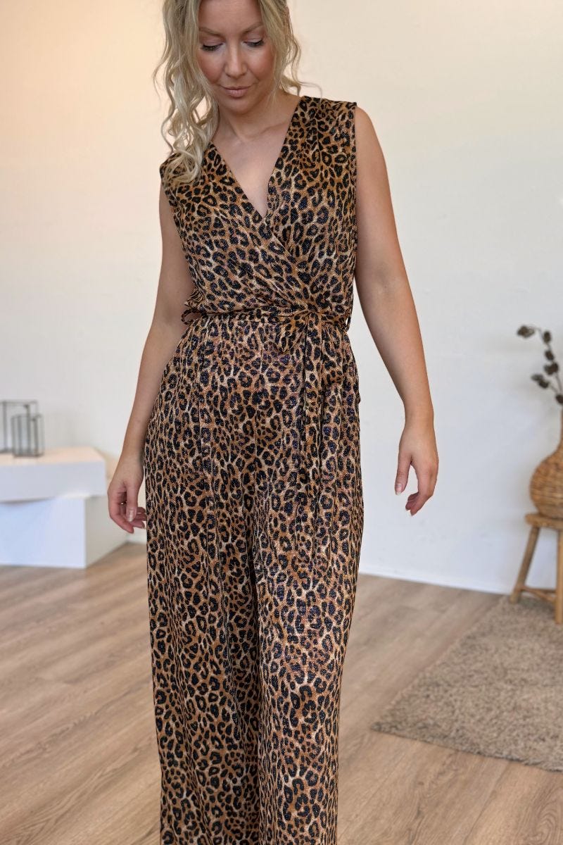 Glittrig ärmlös jumpsuit, Leopard