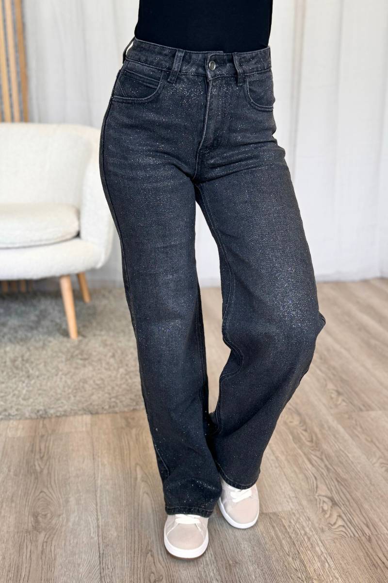 Wide leg-jeans m. guldglitter, Svart