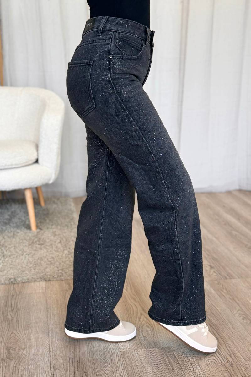 Wide leg-jeans m. guldglitter, Svart