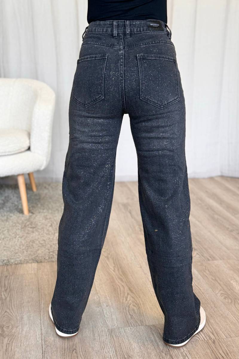 Wide leg-jeans m. guldglitter, Svart