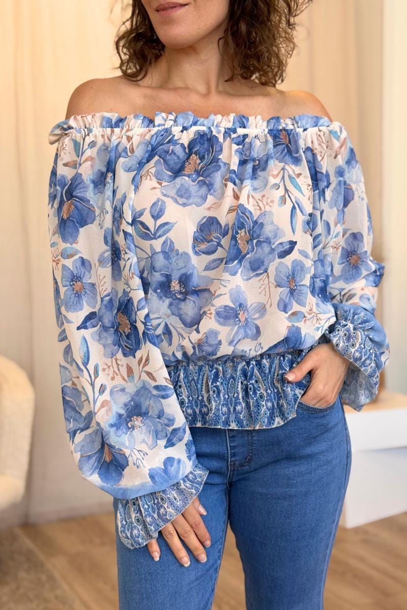 Off shoulder bluse m. blomsterprint Skyblue