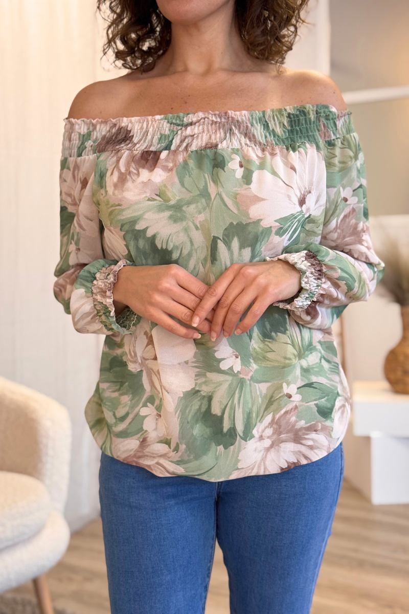 Blommönstrad off shoulder-blus, Mint