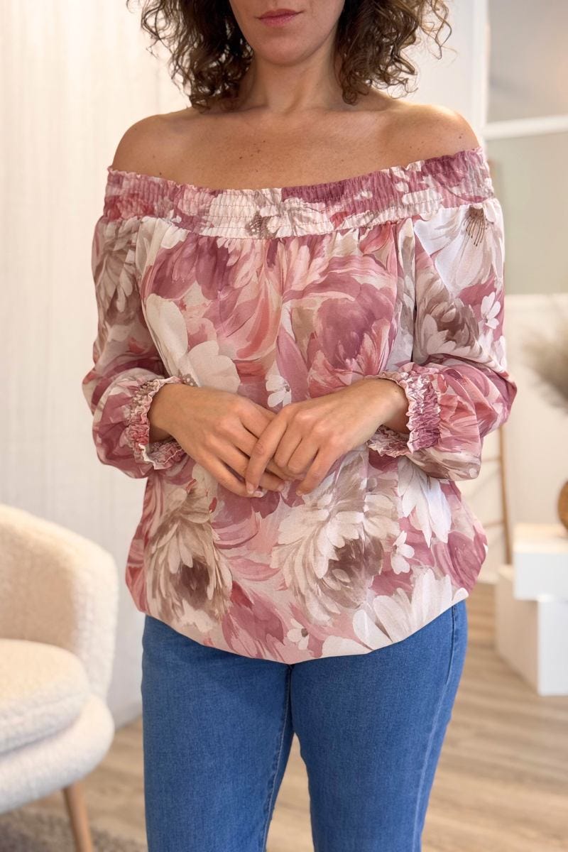 Blommönstrad off shoulder-blus, Ljusrosa