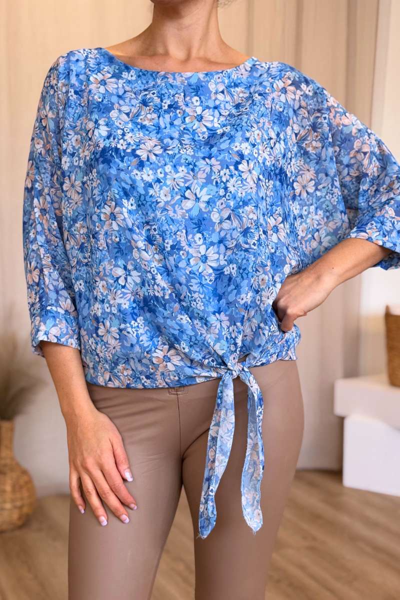 Blus m. blommigt mönster, Blå