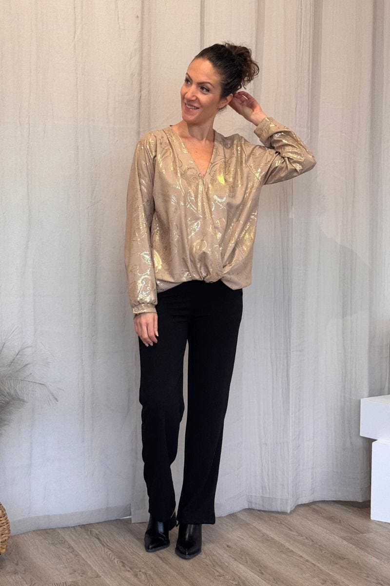 Crossover blus m. paisleymönster i guld Camel