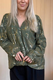 Crossover bluse m. guld paisley print Khaki